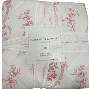 Cabbage & Roses 3 Piece Floral Toile Berry and White Queen Quilt 90”x90”